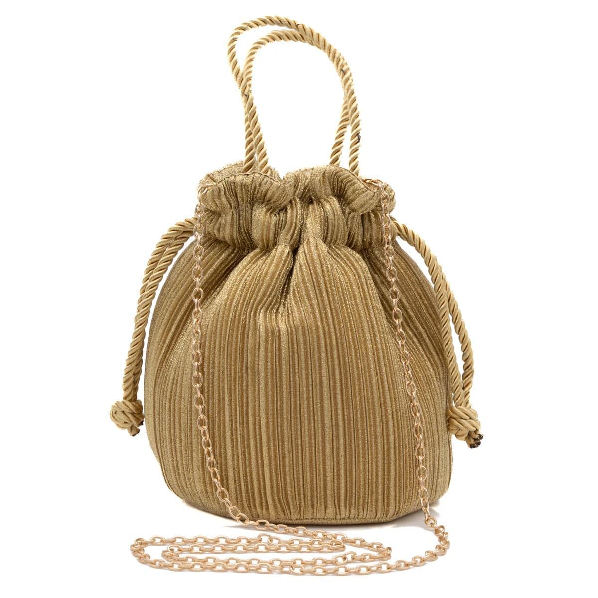 Bolso de fiesta bombonera plisada con asa de cordón oro claro 23066 - Imagen 1