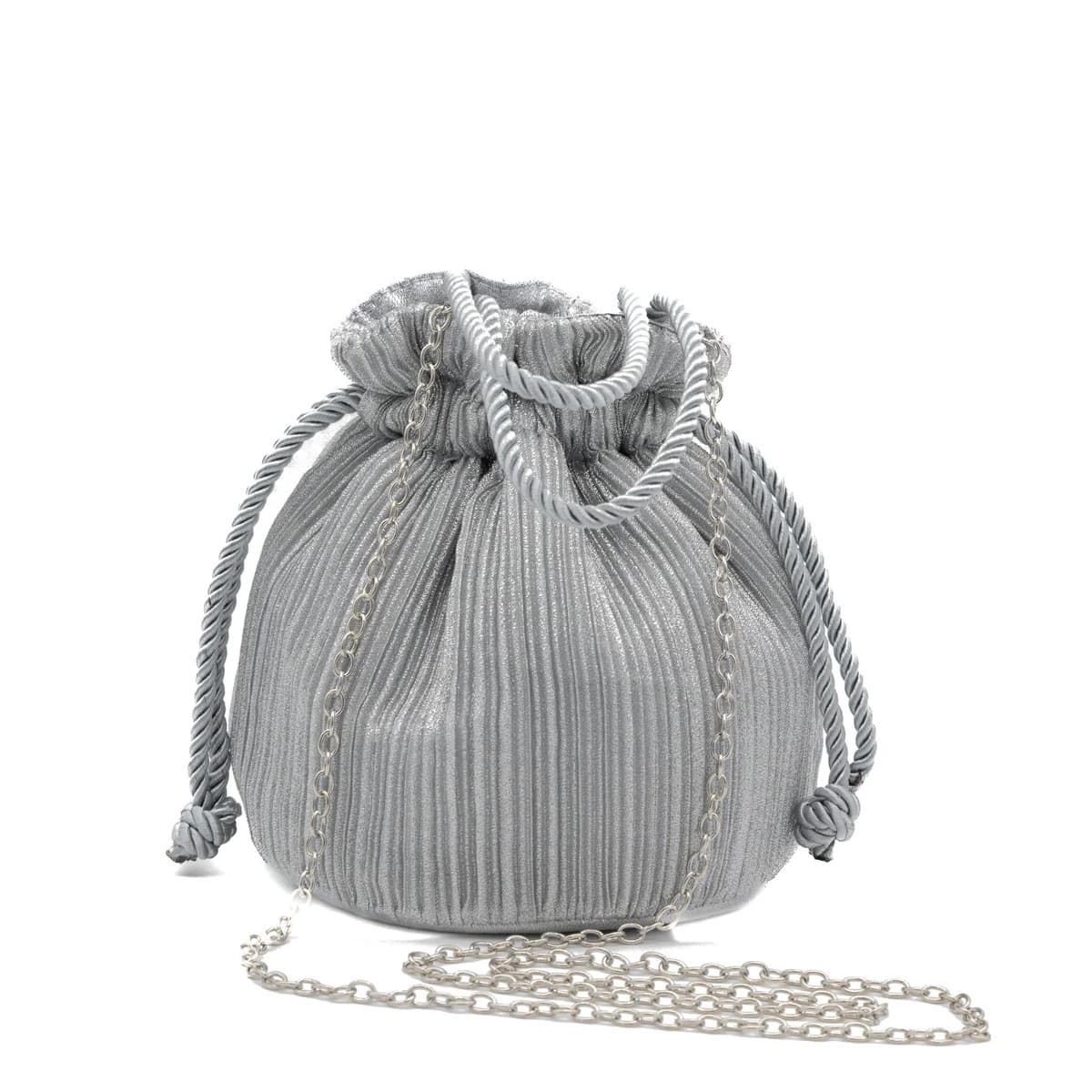 Bolso de fiesta bombonera plisada con asa de cordón plata 23066 - Imagen 1