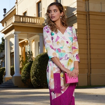 VESTIDO DE FIESTA JUAN MARCOS 2888 ESTAMPADO FLECOS - Imagen 1